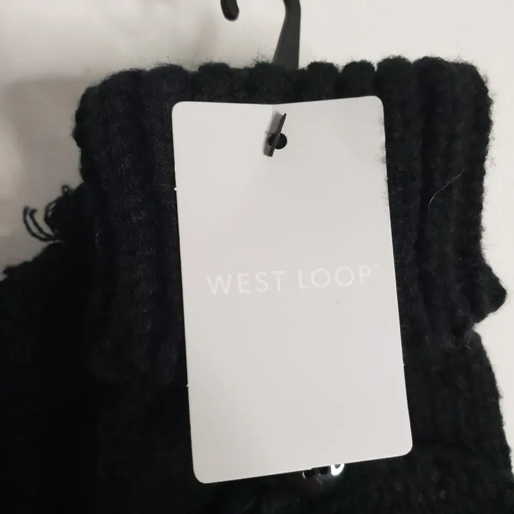 West Loop Women's One Size‎ Fingerless Foldover Gloves Mittens Black Knit Winter